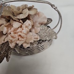 Silver Metal Flower Basket with Beaded Leaves & Velvet Flowers