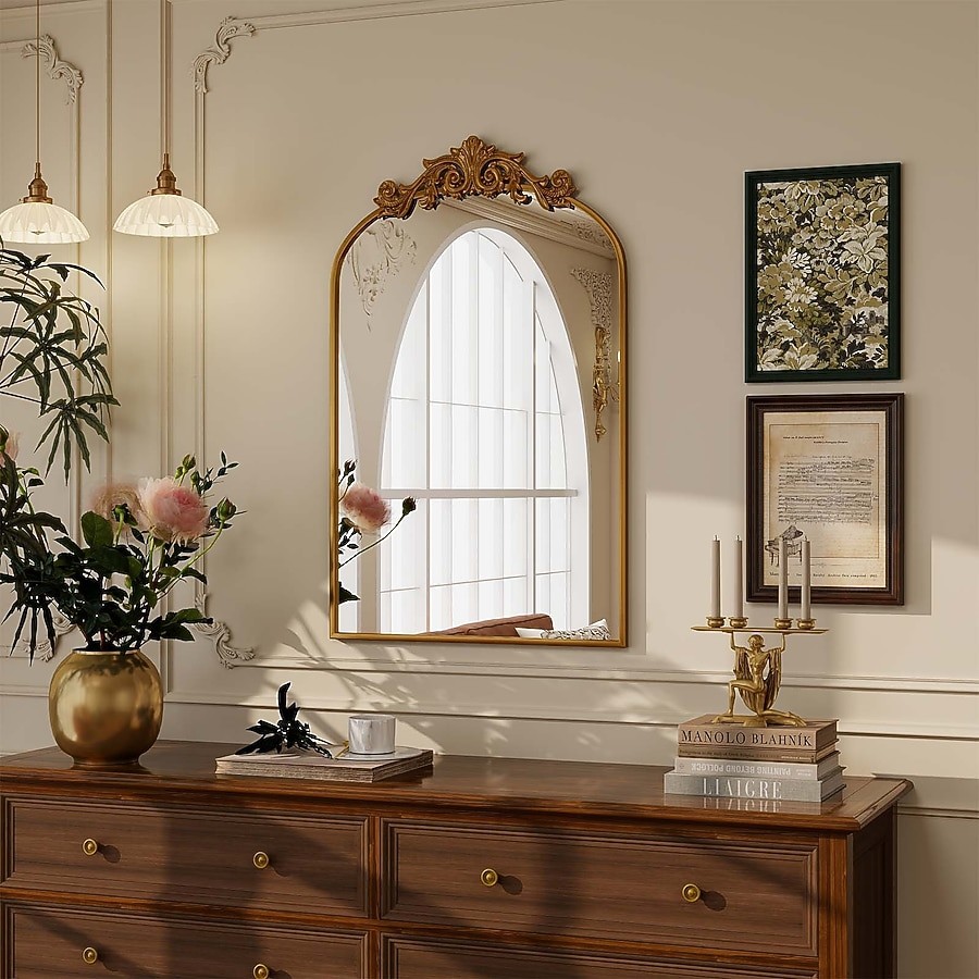 BEAUTYPEAK 26-IN W X 38.0-IN H ARCH FRAMED WALL MIRROR – BROWN
