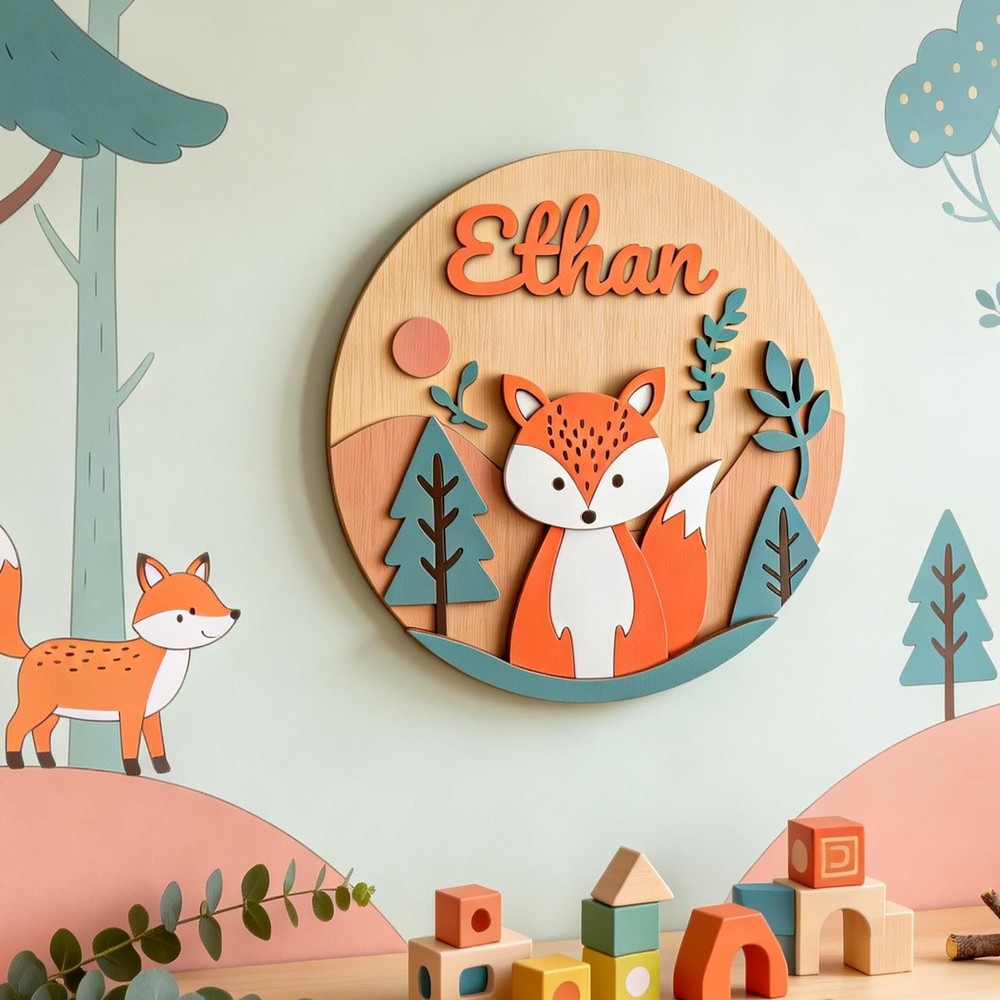 Personalized 3D Woodland Animal Wooden Name Sign – Nursery Decor, Baby Boy Gift