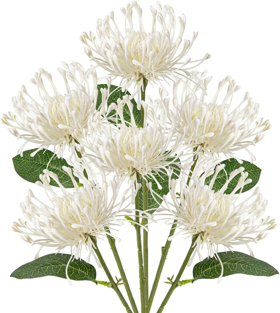 6PCS Artificial Mums Spring Flowers 4» White Spider Chrysanthemum Fake Flowers