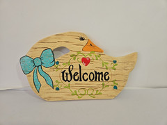 Handmade 1980s Ceramic Duck Shaped Welcome Plaque Hand Painted Country Decor