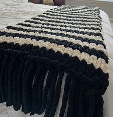 Handmade Chunky Queen Bed Runner Wrap Blanket Fringed Black Ivory Boho