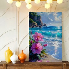 Wall Art Coastal Beach Seascape Pink Flowers Ocean Waves Cliff Canvas Print