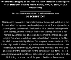 Cast Metal Brass or Bronze Art Sculpture Statue of a Bird in Tree Nouveau Style
