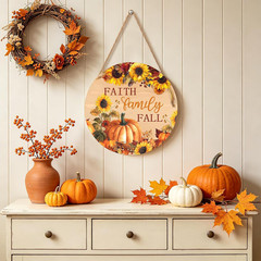 Faith Family Fall Front Door Sign Fall Sunflower Pumpkin Door Decorations Wood S
