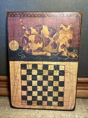 Cat Yarn Ball Primitive Wooden Checkerboard Wall Hanging Davis Folk Art Wood D8