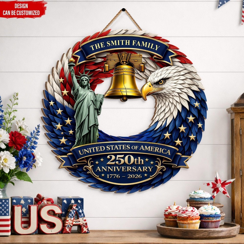 Personalized 3D Effect Eagle Wreath Sign – USA 250th Anniversary Patriotic Decor