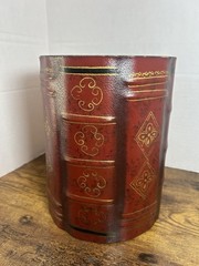 Vintage Faux Leather Wastebasket Planter Red Gold Wood Decor Office Study Bin