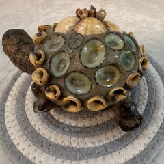 Hand Painted Ceramic & Shell Turtle Figurine, Glossy Brown/Beige/Green Shells