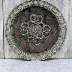 Ornate Silver Wall Plaque Faux Crocodile Texture Scrollwork Medallion 15.5″
