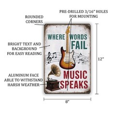Where Words Fail Music Speaks Sign 8×12 Guitar Musical Notes