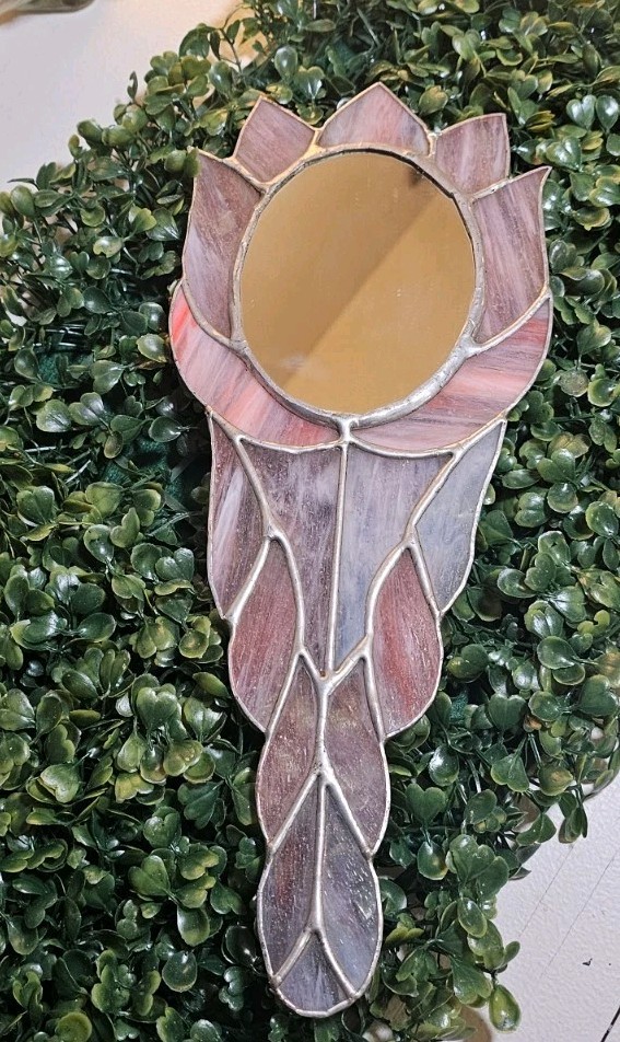 VTG Handmade Stained Glass mirror with a floral design. Pink
