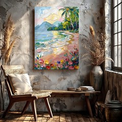 Wall Art Tropical Beach Seascape Palm Trees Ocean Waves Floral Oil Painting