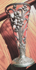 Silver-Plated 3D Floral Trumpet Vase, Frosted Peach Insert, Art Nouveau, 9-3/4″