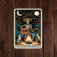 Tarot card sticker vinyl decal the enchanting minstrel skeleton moon sun guitar