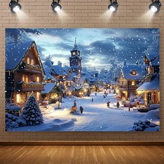 1pc Festive Christmas Town 3D Snow Scene Backdrop Cloth, Polyester Fabric, Light