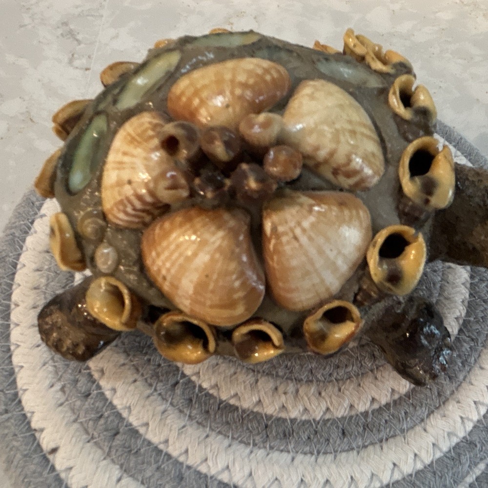 Hand Painted Ceramic & Shell Turtle Figurine, Glossy Brown/Beige/Green Shells