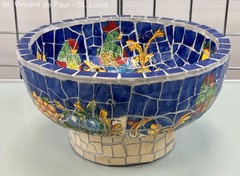 Blue Mosaic Ceramic Decorative Tile Pedestal Bowl Parrot Fruit Motif