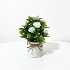 7.5 inch Artificial Rose Arrangement in Rustic White Pot with Twine for accent