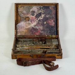 Vintage Wood Artist Portable Painting Box With Used Palette and Remnant Paint