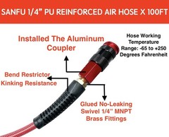 SANFU Polyurethane(PU) Air Hose 1/4-Inch x 100ft Reinforced, lightweight Anti-lo