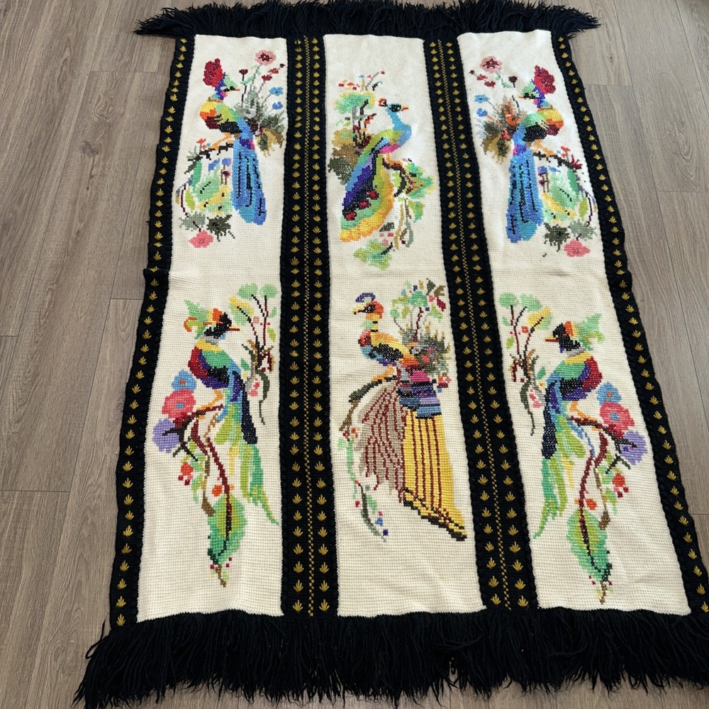 Vintage Peacock Bird Handmade Needlepoint Throw Blanket 46 X 72. EUC
