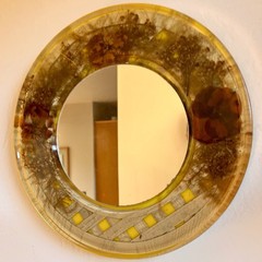 Round Resin Floral Mirror Design Gifts Dried Flowers Lucite Yellow Wall 1960s