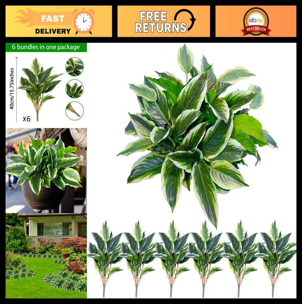 6PCS UV Resistant Artificial Tropical Plants – 15.75″ Faux Green Hostas for Indo