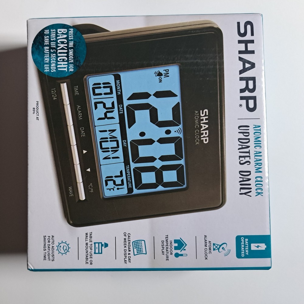 SharpAtomic Desktop Clock Auto Set Indoor Temp Digital Alarm Atomic Accuracy