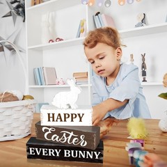Easter Wooden Table Sign Happy Easter Bunny Wood Blocks Tabletop Signs Decorativ