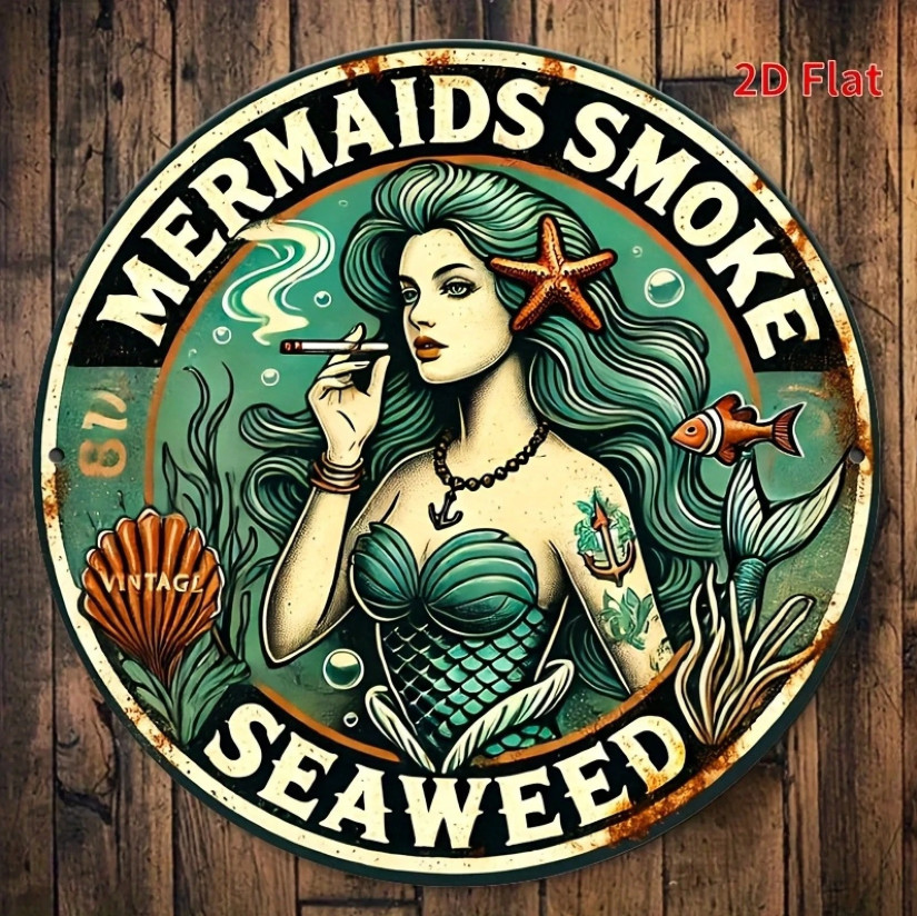 Mermaids Smoke Seaweed Metal Sign Vintage Coastal Mermaid Wall Decor