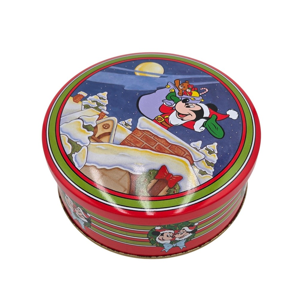 Vintage 1990s Disney Santa Mickey Mouse Round Christmas Tin Made in Hong Kong