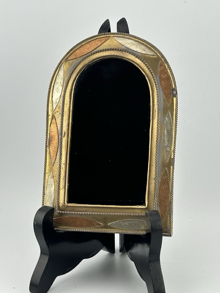 Moroccan Brass Mirror Copper Silver Arched Frame Wall Hanging 1970s VTG 5⅜»x3½»