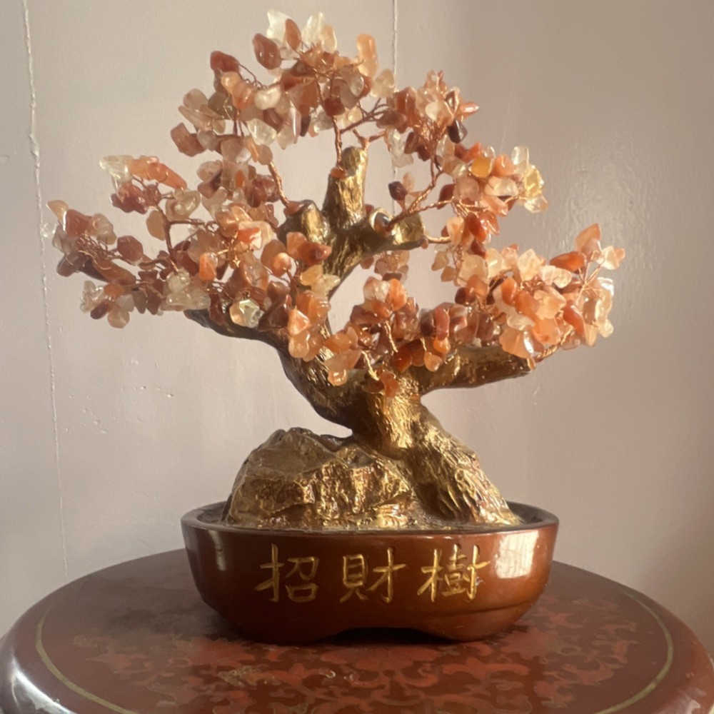 Tree of Life Gemstone Sculpture Asian Style Gold Brown Orange Stone Resin