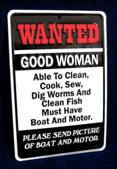 WANTED WOMAN with BOAT -*US MADE* Embossed Sign – Man Cave Garage Bar Wall Decor