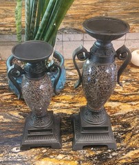 Set Of 2 Tall Ornate Mosaic Pillar Candle Holders Home Decor 12″ & 14″