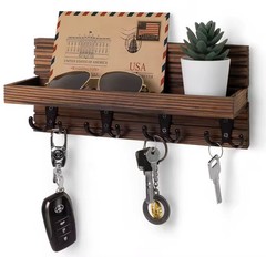 Rustic Wooden Entryway Mail Organizer Wall Mounted Key Holder with 4 Hooks