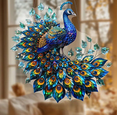 Bohemian Peacock Suncatcher – 8″ Acrylic Colorful Stained Glass Look, Art Deco