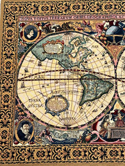 Belgian Tapestry Terrarum Orbis Old Style World Map 1630 Wall Hanging 46 x 33″