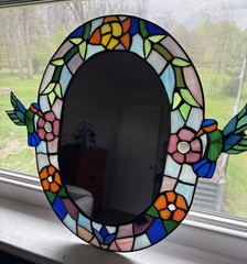 Vintage Handmaid Stained Glass Hummingbirds 18×16” Mirror DUK Designs