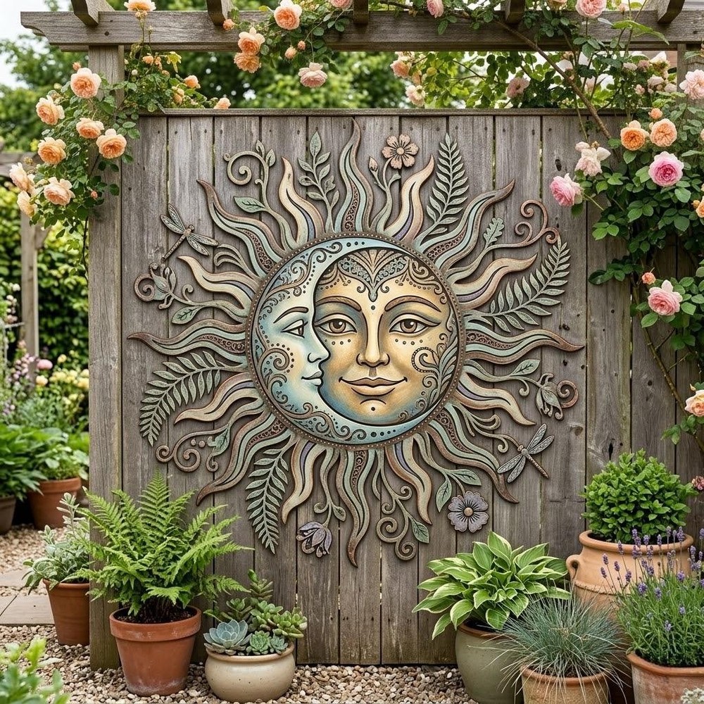 Sun Moon Metal Wall Art, Celestial Garden Wall Decor, Boho Sun Face Sign