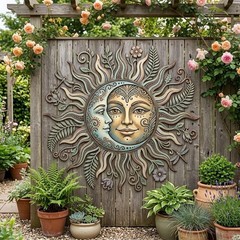 Sun Moon Metal Wall Art, Celestial Garden Wall Decor, Boho Sun Face Sign