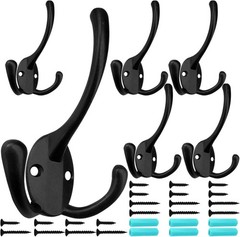 6 Pack Big Heavy Duty Three Prongs Coat Hooks Wall Mounted with 24 Screws (Two