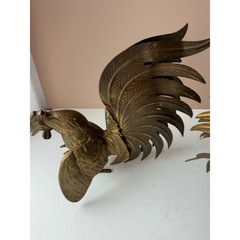 Vintage Solid Brass Fighting Roosters Figurine Sculpture | Dark Patina MCM Brass