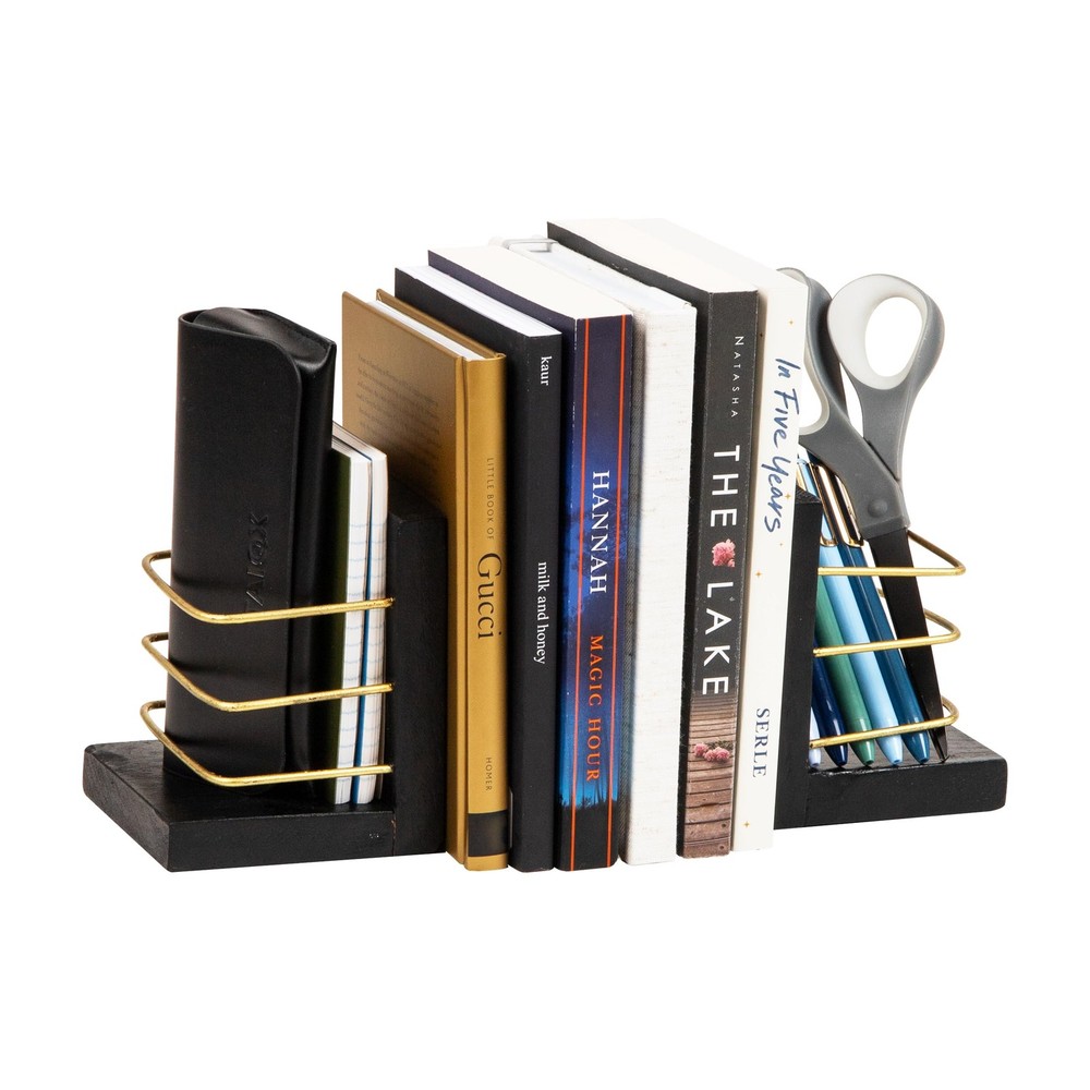 Decorative Basket Bookends, Office Decor with Storage, Wood and Metal, Set of…