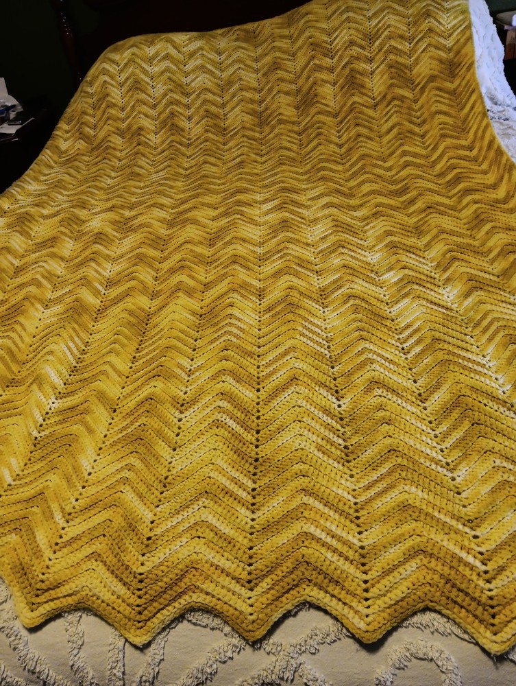 Vintage Handmade Crochet Chevron Afghan Gold Yellow Throw Blanket 72 X 54
