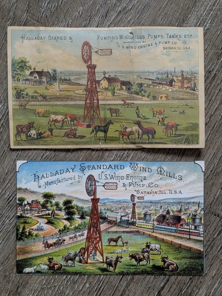 2- Advertising Halladay Windmills Wind Engines Pump Trade Card Batavia Illinois