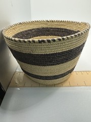 Handwoven Coiled Striped Basket Natural Fiber Boho Tribal Decor Brown Beige 7.5″