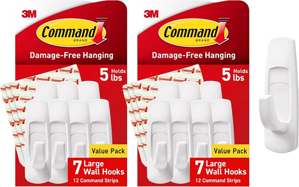 Command 5 lb Large Utility Hooks,7 Hooks and 12 (Pack of 2), White