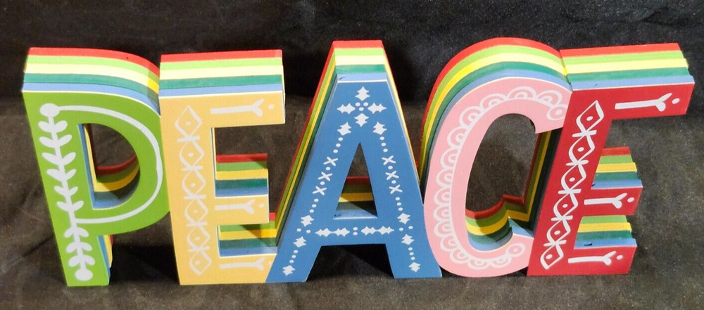 Multi-Colored Wood Cutout Peace Sign Table Shelf Decor Pastel Eclectic